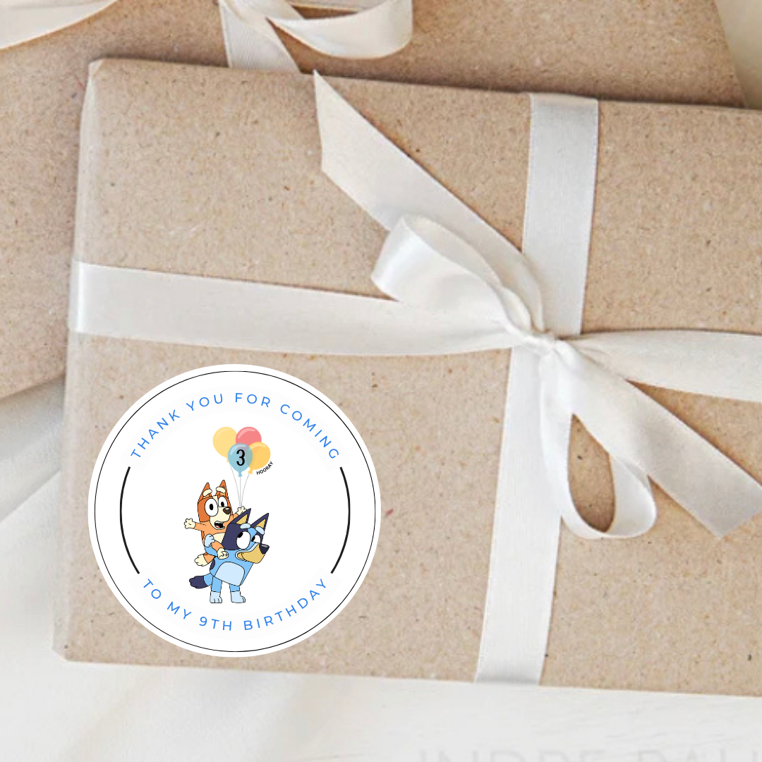Personalised thank you for coming to my birthday stickers bluey themed