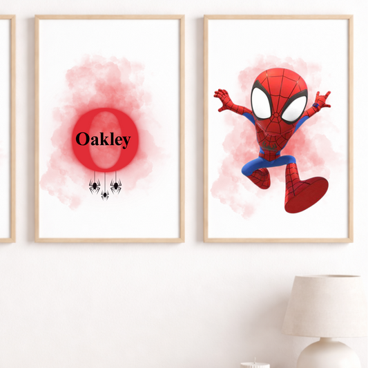 Three framed artworks of Spider-Man on a wall with 'Oakley' branding.