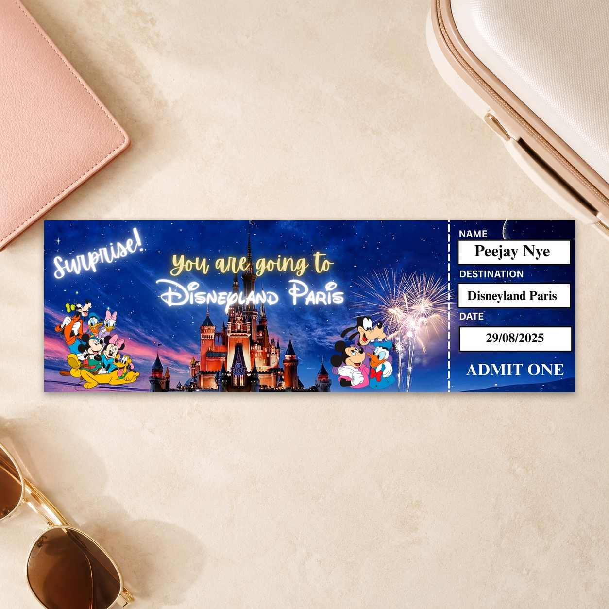 Personalised Disneyland Paris surprise reveal ticket with recipient name