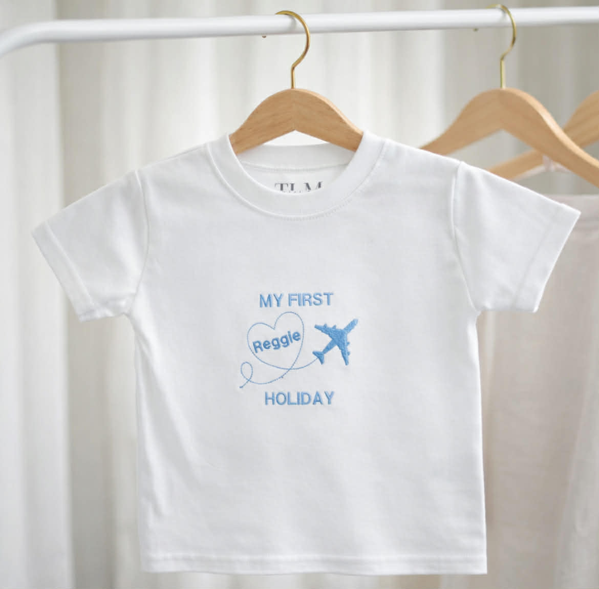 White t-shirt with blue text and airplane graphic on a hanger against a white background