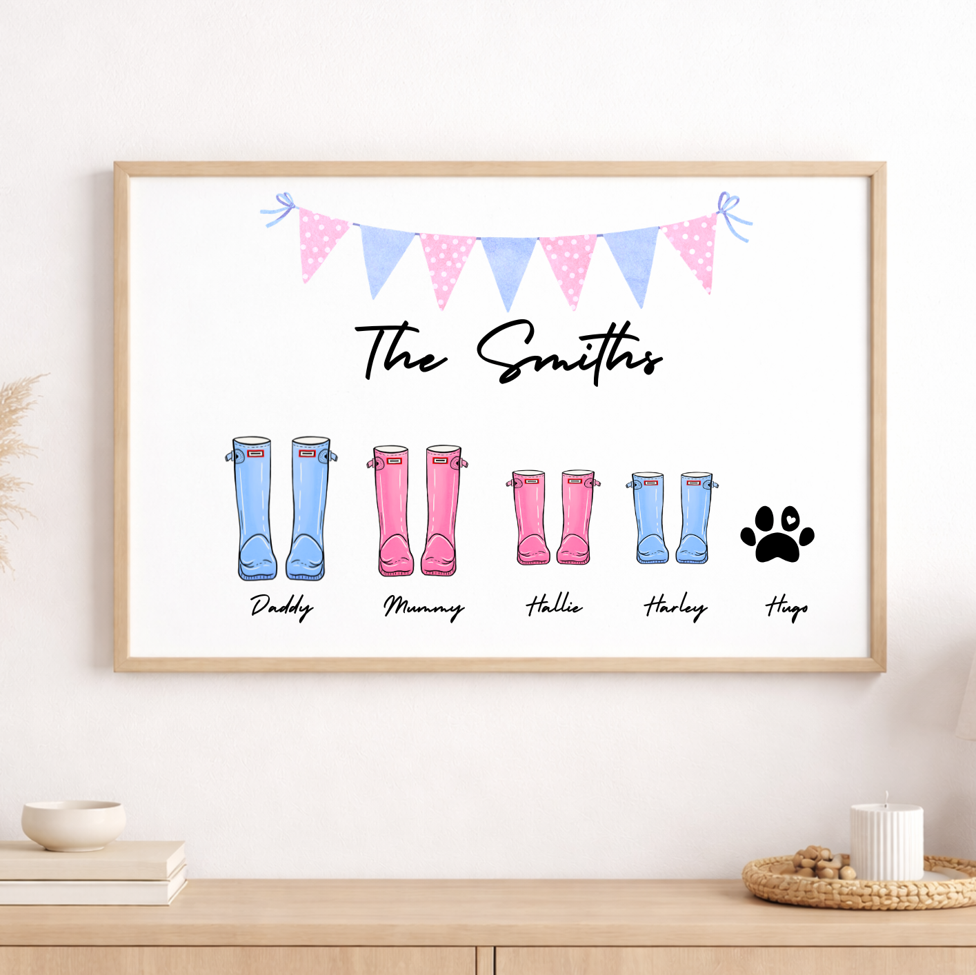 Framed artwork with family name and colorful boot illustrations on a wall.