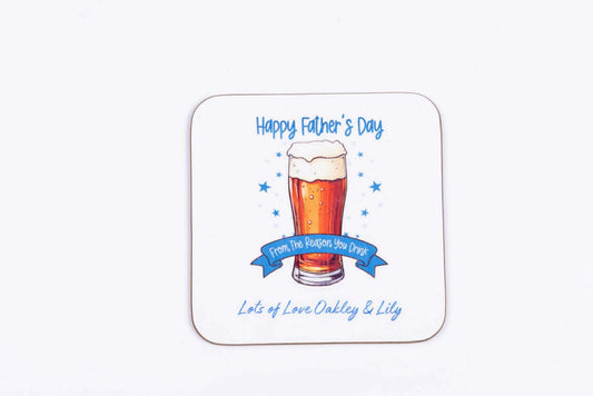 Personalised Father’s Day coaster with custom text and beer design, gift for Dad