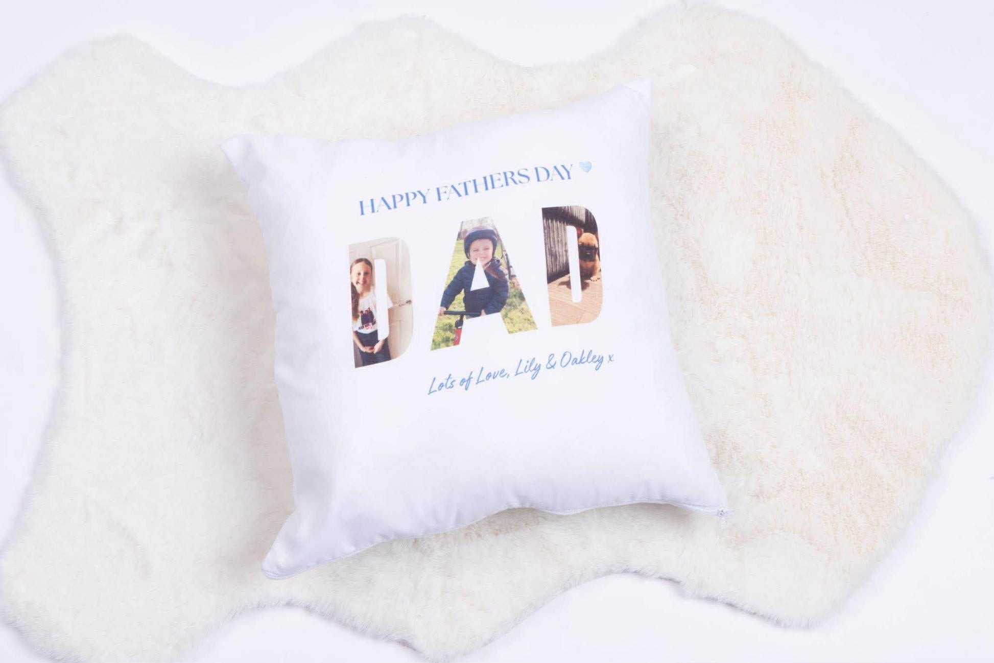 Personalised Father’s Day photo cushion with custom images and text, 40x40 filled pillow gift for Dad