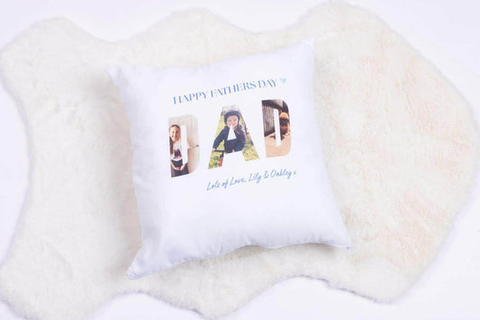 Personalised Father’s Day photo cushion with custom images and text, 40x40 filled pillow gift for Dad