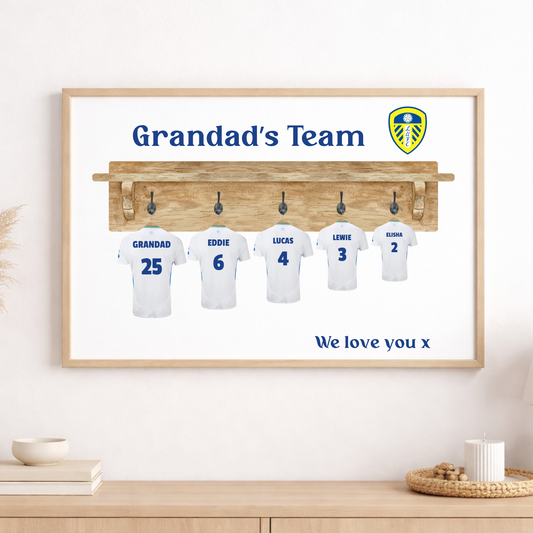Framed display with 'Grandad's Team' text and personalized names on jerseys, set against a light background.