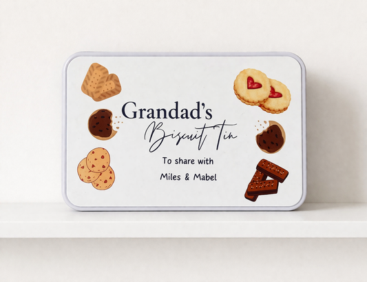 Biscuit tin labeled 'Grandad's Biscuit Tin' with illustrations of cookies on a white background
