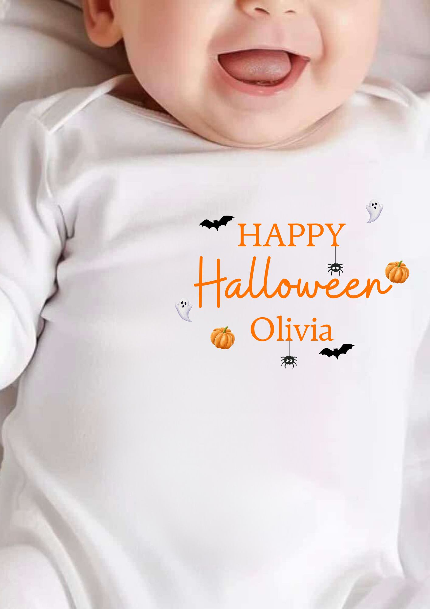 Baby wearing a Halloween-themed onesie with text and graphics.