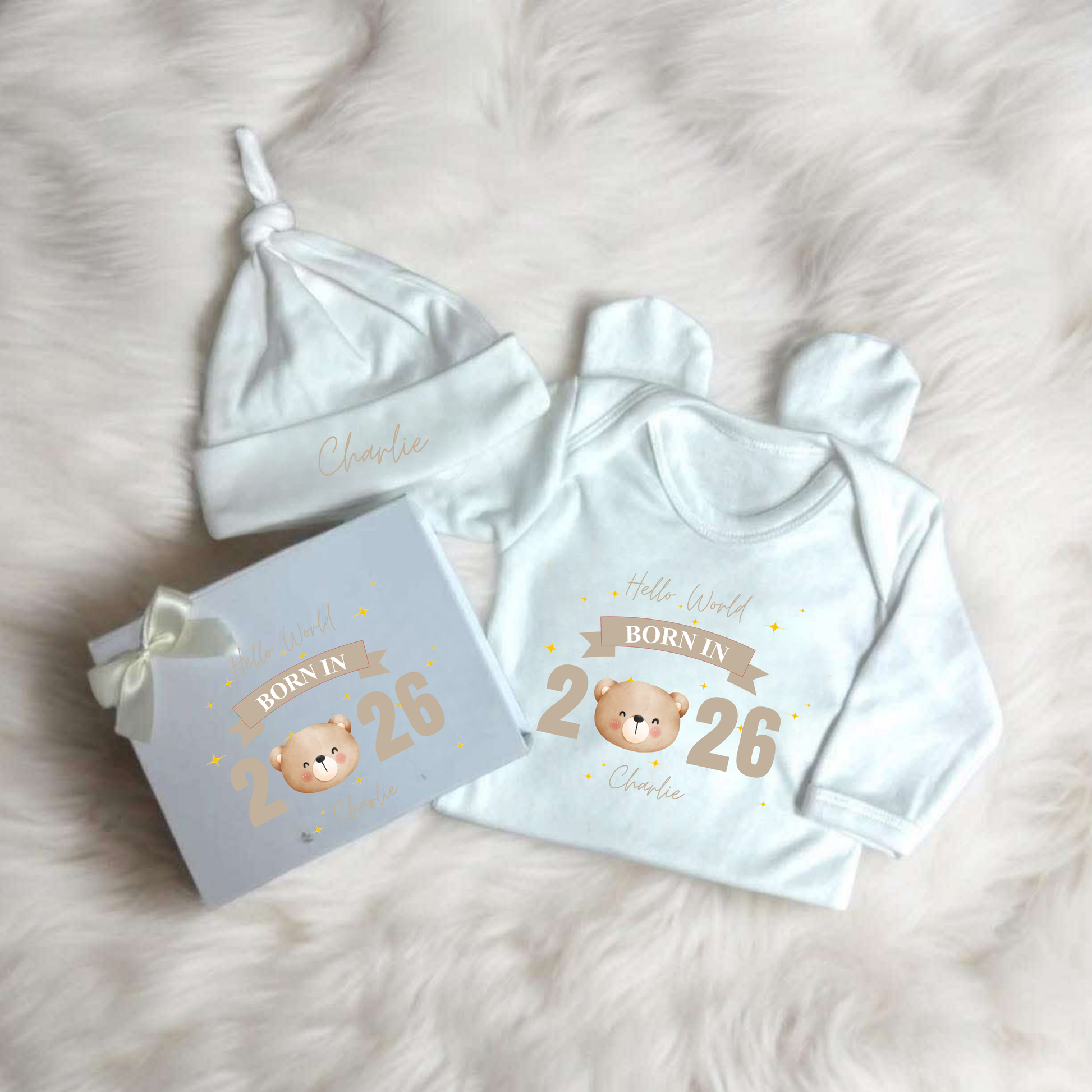 Personalised born in 2026 baby gift set with sleepsuit, hat and keepsake box