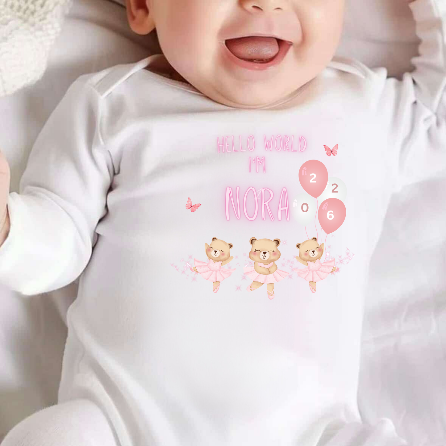 Hello world baby sleepsuit with dancing bears image.