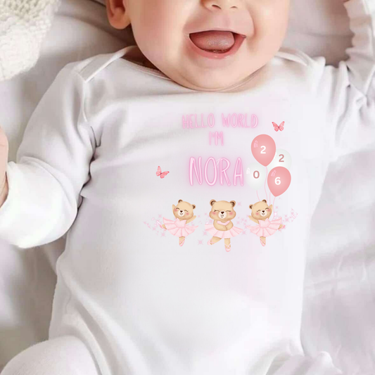 Hello world baby sleepsuit with dancing bears image.