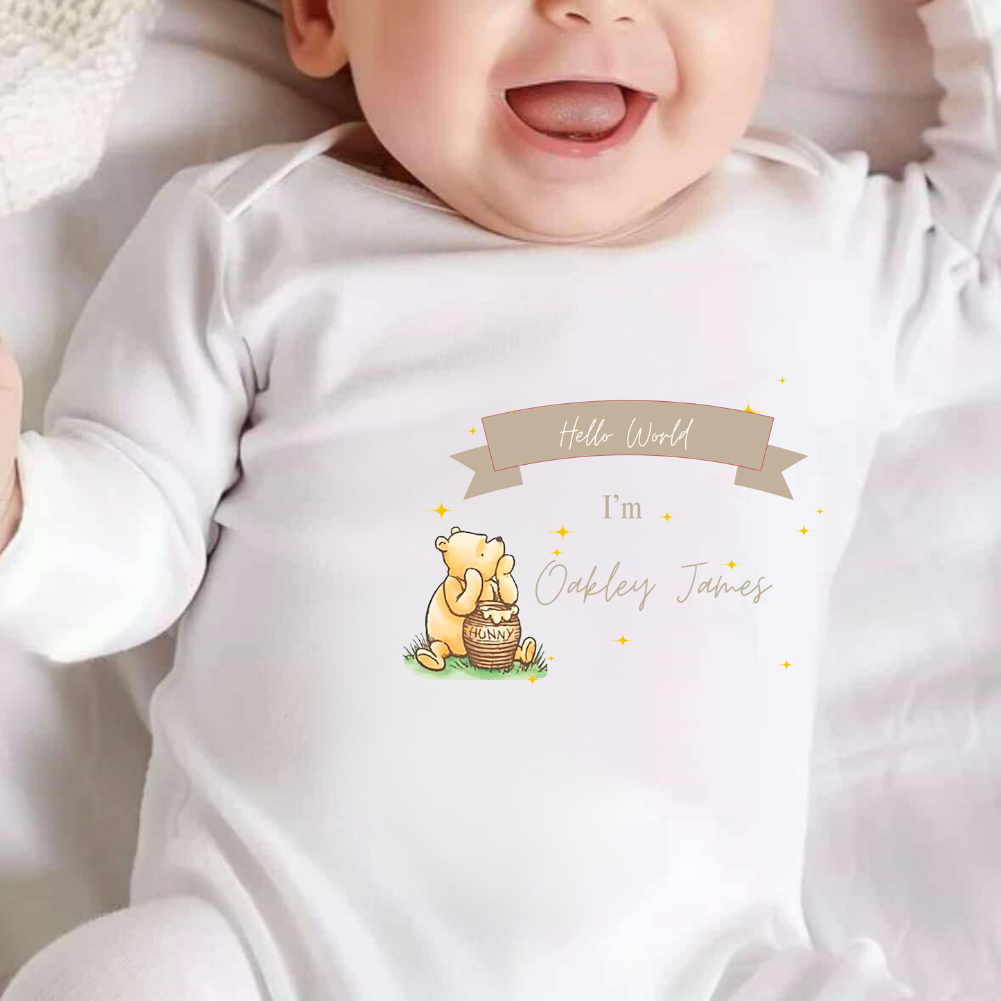 Personalised Hello World baby announcement sleepsuit with name and date