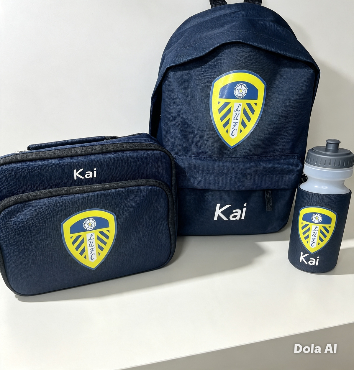 A navy blue personalized sports bag set on a white surface against a white wall, featuring a large backpack, a matching zippered pouch, and a water bottle, all with the Leeds United FC crest and the name 'Kai' printed on them.