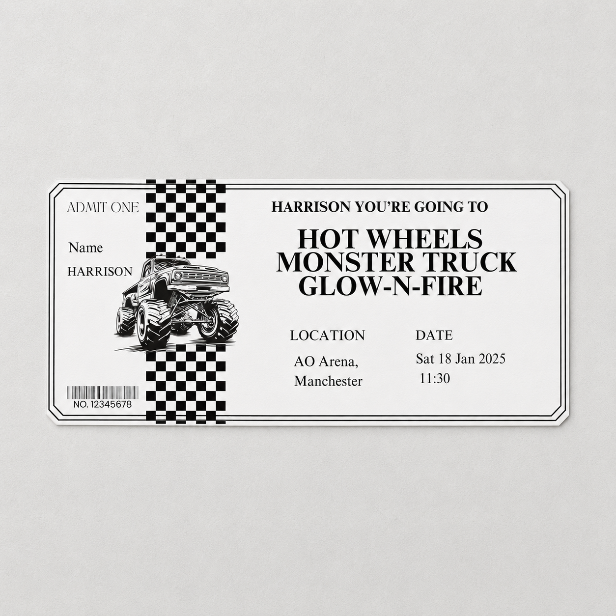 A customizable event ticket design for a hot wheels monster truck event, featuring a black and white checkered stripe, a monster truck illustration, and placeholder text for name, location, date, and time on a light gray background.