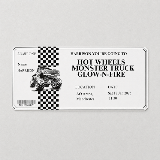A customizable event ticket design for a hot wheels monster truck event, featuring a black and white checkered stripe, a monster truck illustration, and placeholder text for name, location, date, and time on a light gray background.