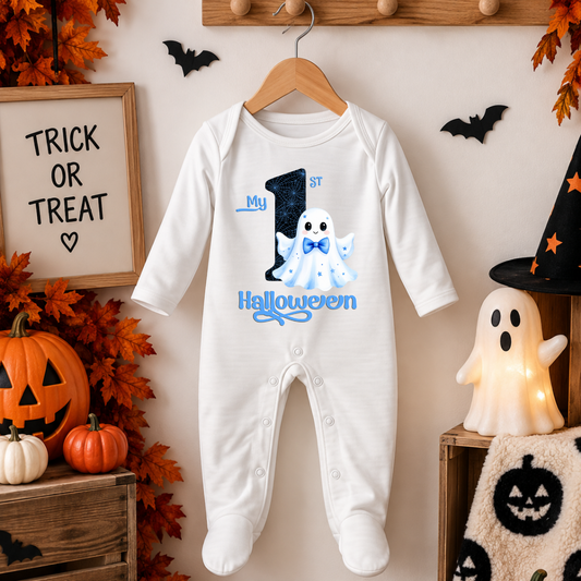 Personalised My 1st Halloween Baby Sleepsuit- Ghost Design in blue