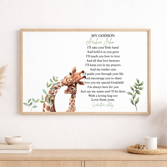 Framed artwork with a giraffe illustration and text on a wall above a wooden cabinet.