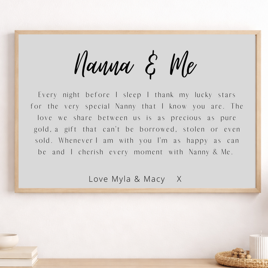 Framed artwork with 'Nana & Me' text on a wall with decorative items.