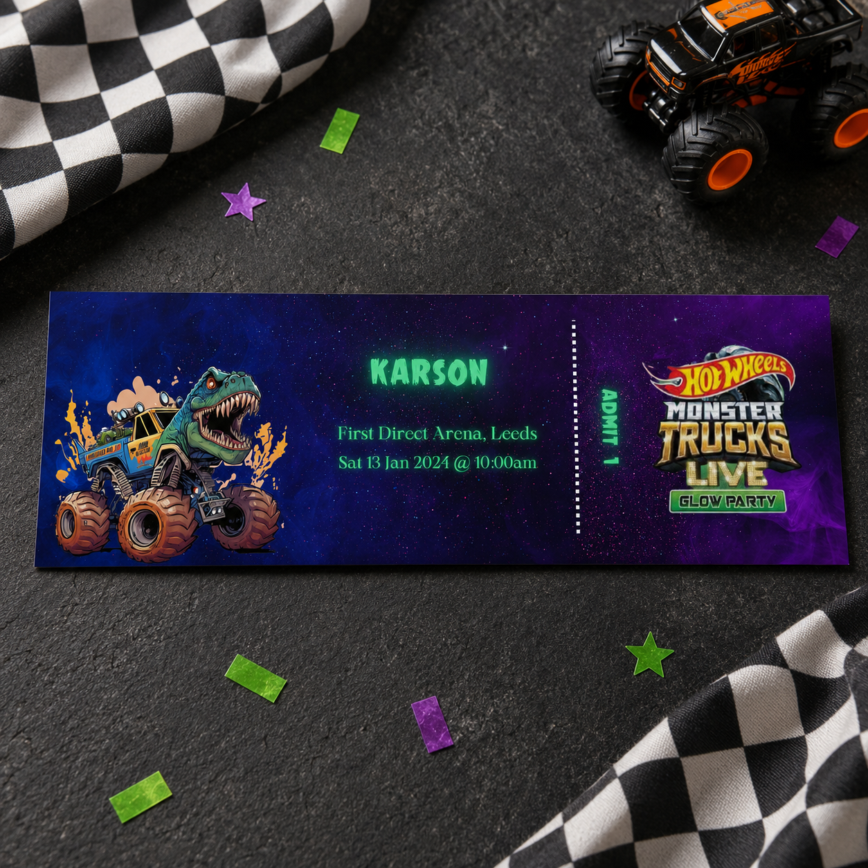 A custom Hot Wheels Monster Trucks Live event ticket for Karson's first arena show, styled on a dark textured surface with toy cars and checkered fabric.