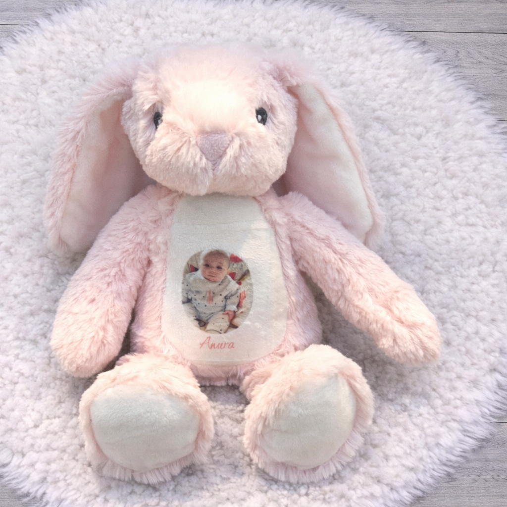 Personalised Pink Bunny teddy with photo and text