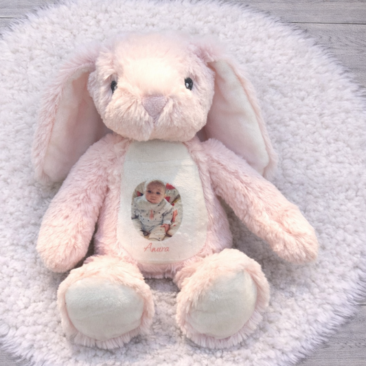 Personalised Pink Bunny teddy with photo and text