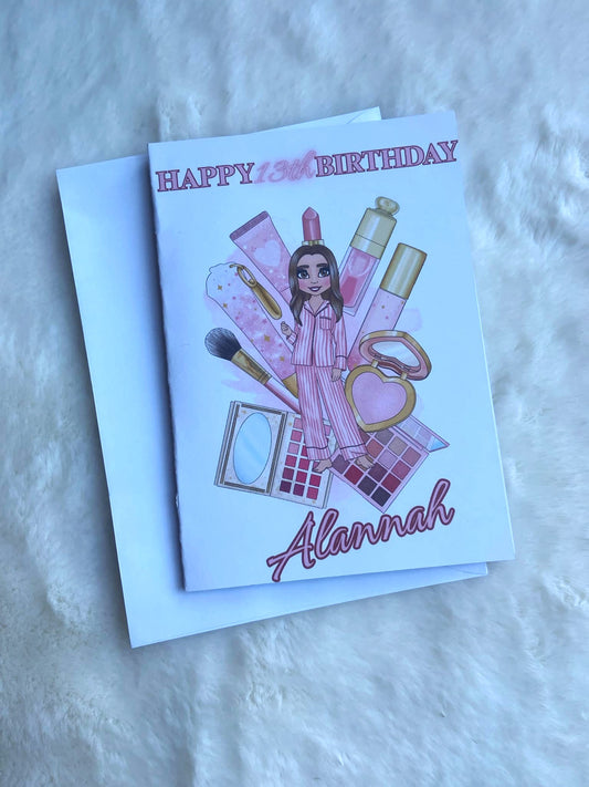 Personalised plousie happy birthday card with image of make up and little doll 