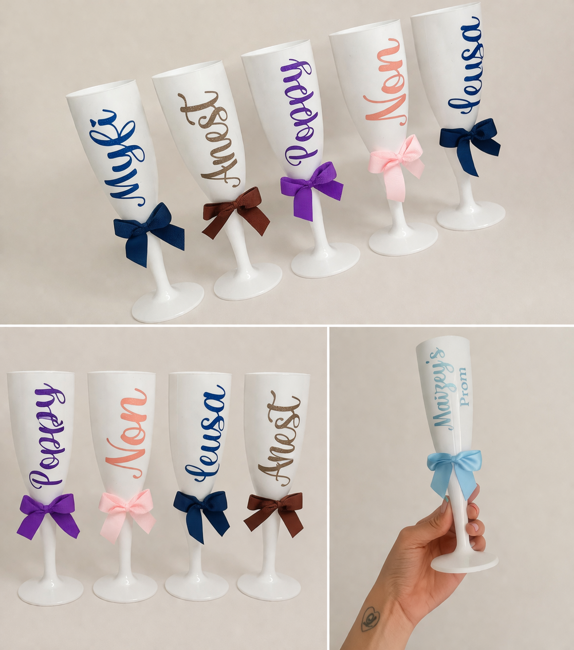 Set of personalized champagne flutes with names and colorful bows on a beige background.