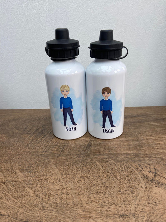 Two white water bottles with designs and names on them