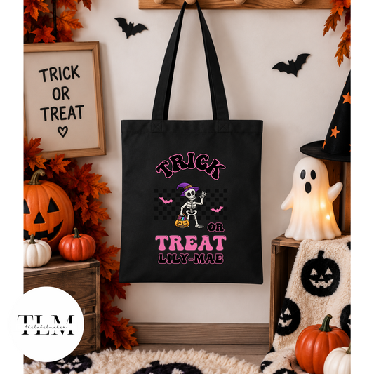 Personalised Skelton Halloween Trick or Treat Bag in black