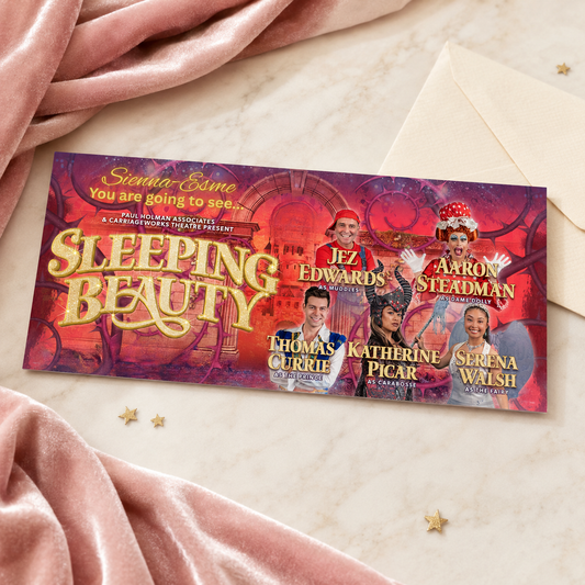 Personalised Sleeping Beauty theatre show surprise ticket displayed on a pink velvet and marble background.