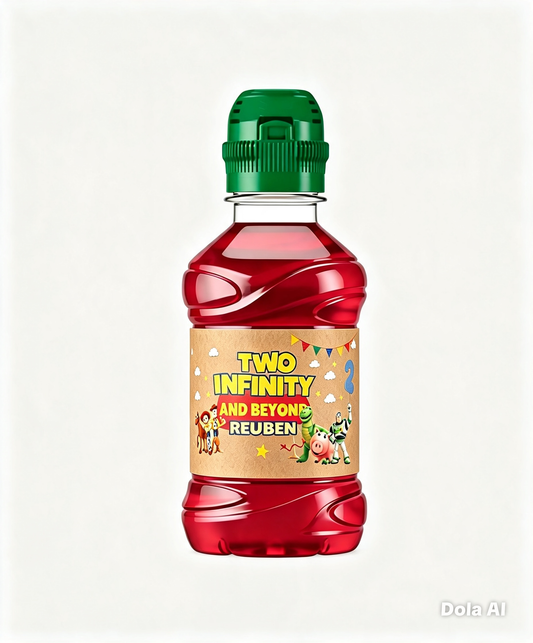 Personalised Toy Story-inspired birthday Fruit Shoot bottle label with child’s name and age