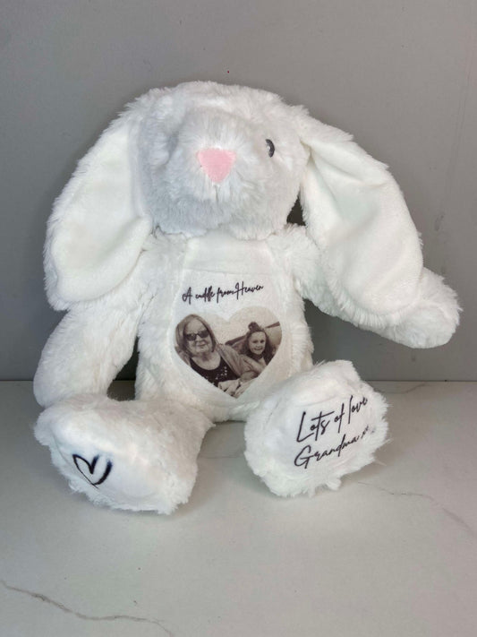 White Bunny with personalised photo of loved one with text' A cuddle from heaven'