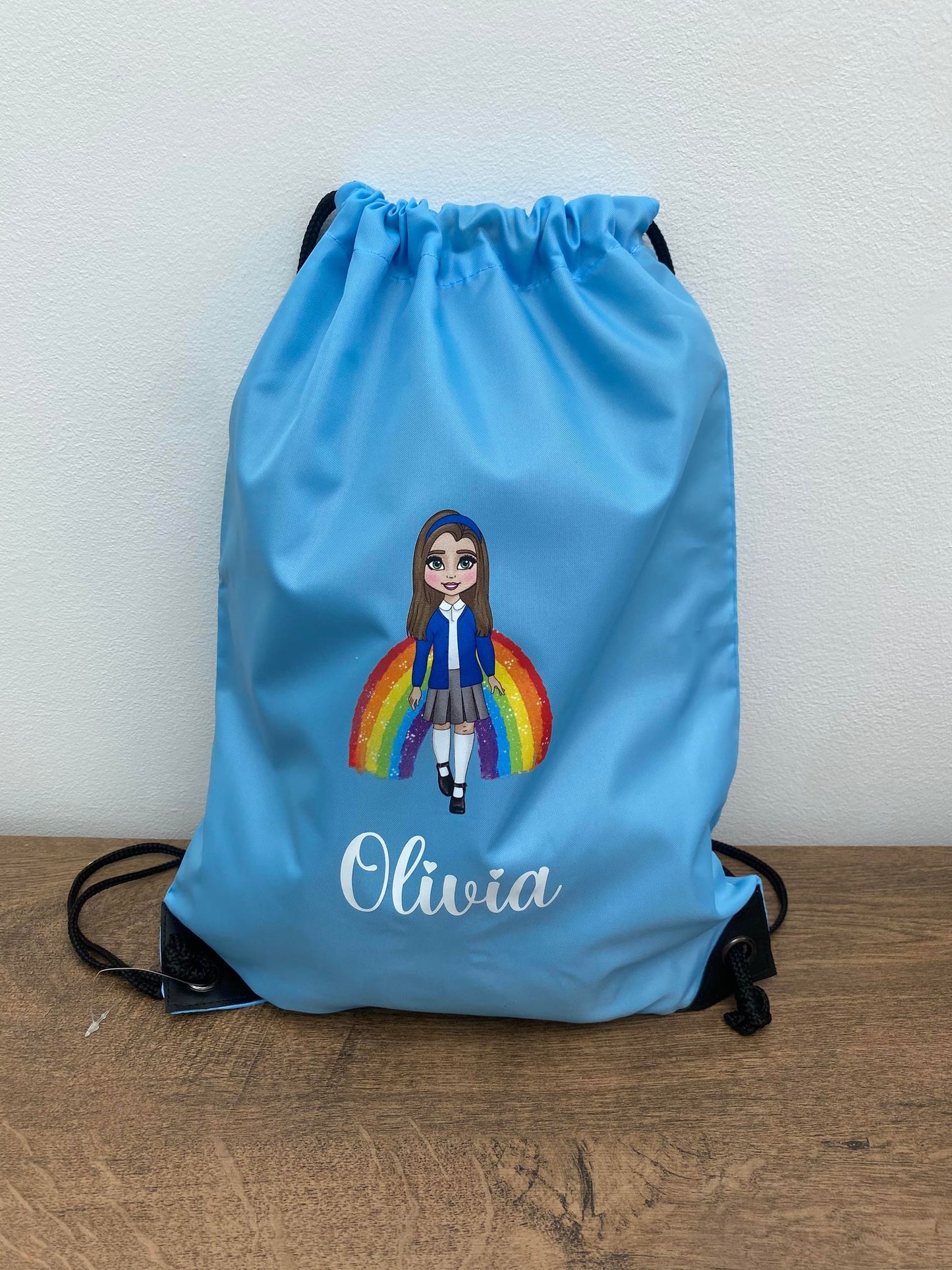 Personalised light blue drawstring pe bag