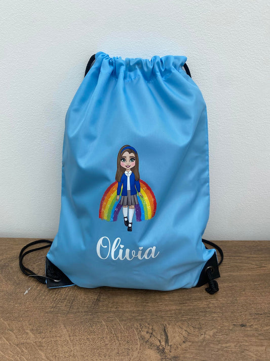 Personalised light blue drawstring pe bag