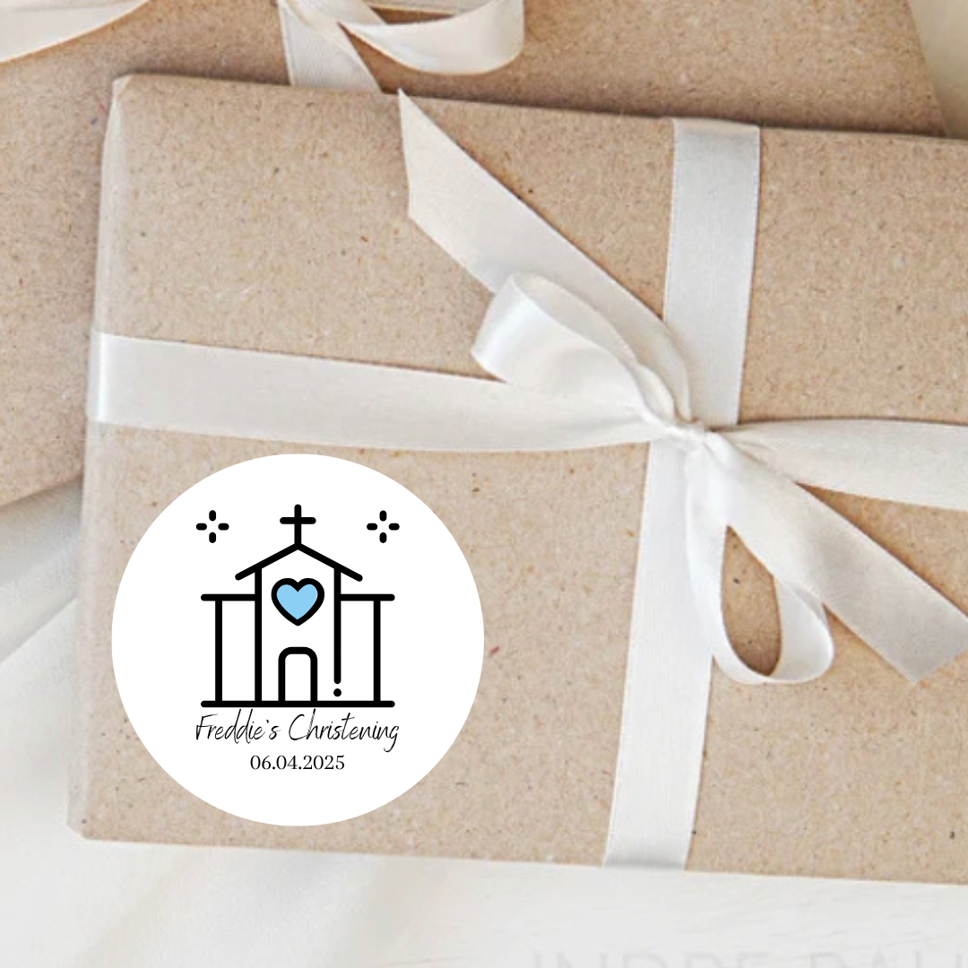 Gift wrapped in brown paper with a white ribbon and personalized sticker on a light background