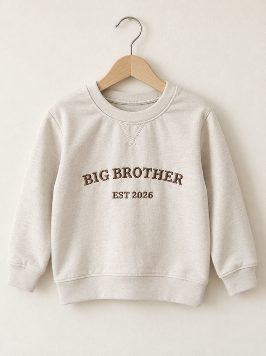 Personalised cream Big Brother embroidered children’s sweatshirt with EST 2026 design