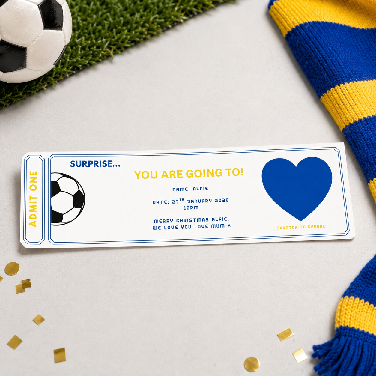 Personalised football match surprise ticket with recipient’s name