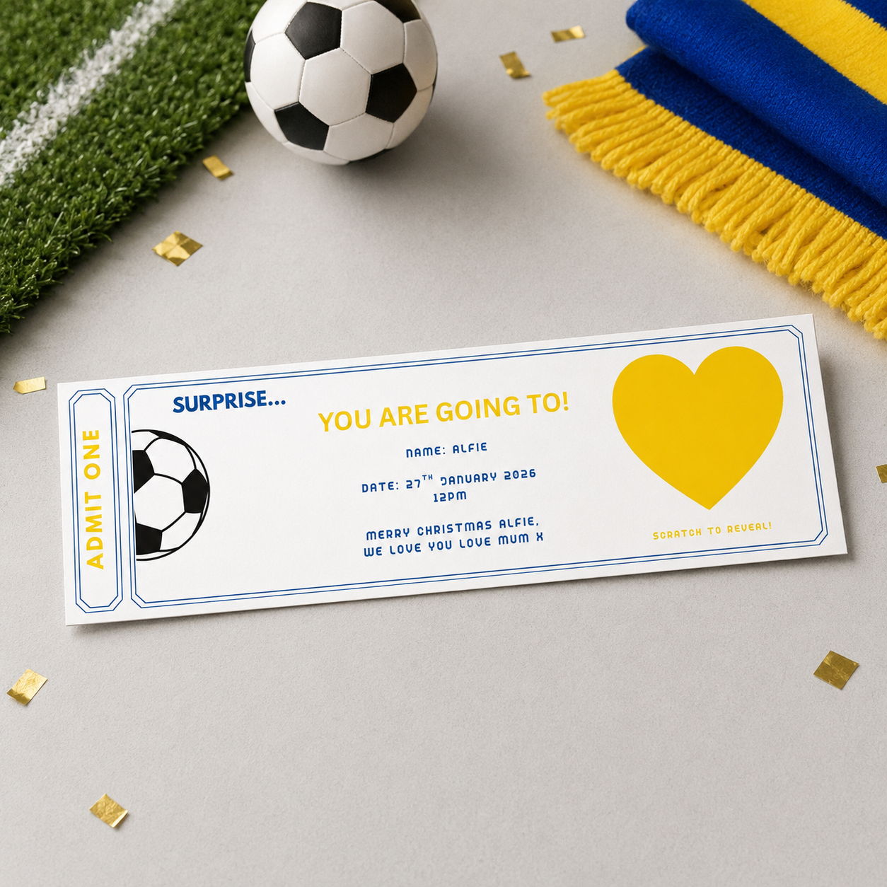 Personalised football scratch-to-reveal surprise ticket