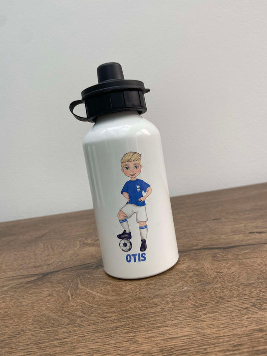 A white Alumunim water bottle with a green football-themed design featuring an illustration of a boy in a blue football kit. The bottle has a black cap and is customizable with hair and eye color options.