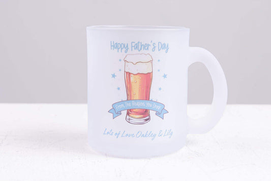 Personalised frosted glass mug with Father’s Day design and custom text, 11oz gift for Dad