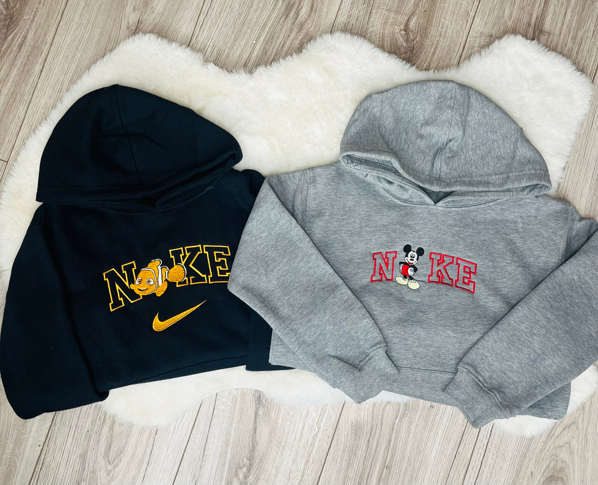 Personalised grey Nike-inspired character hoodie for children and adults