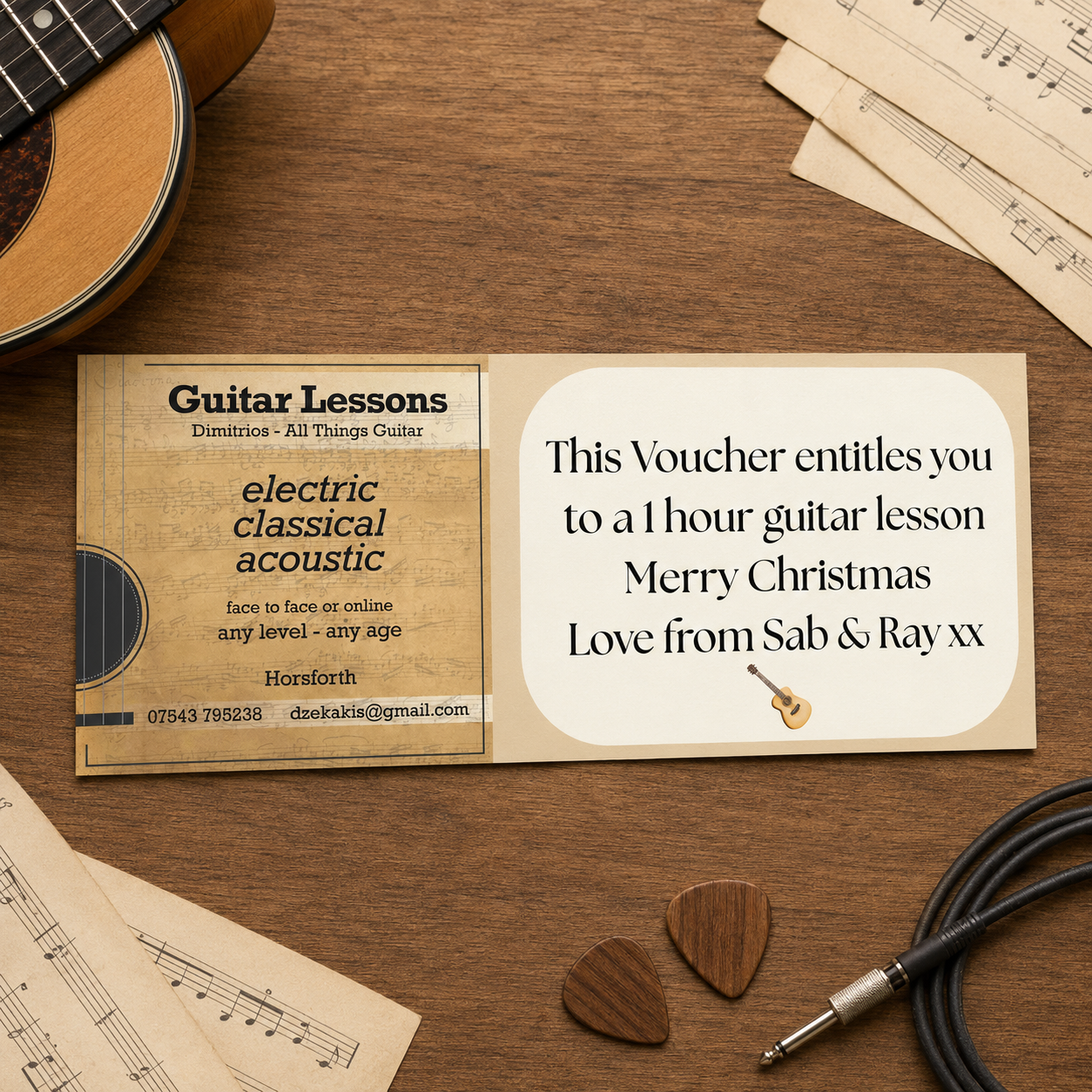 Personalised guitar lesson reveal voucher for a special occasion