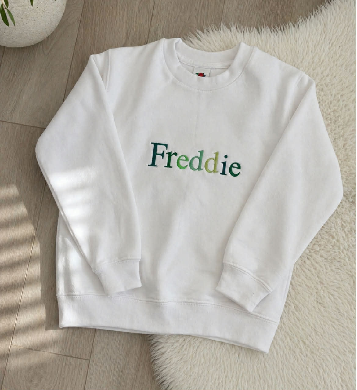 Personalised kids sweatshirt with ombre embroidered name on white jumper