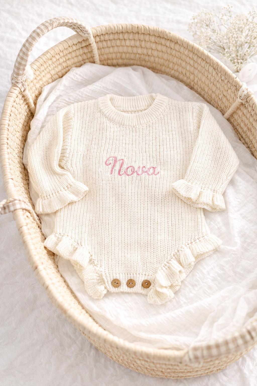Knitted baby outfit with 'Nova' embroidery in a wicker basket on a soft surface
