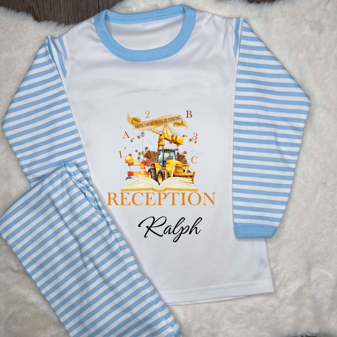 Blue striped pyjamas with digger  design personalisation saying when I wake up I start reception