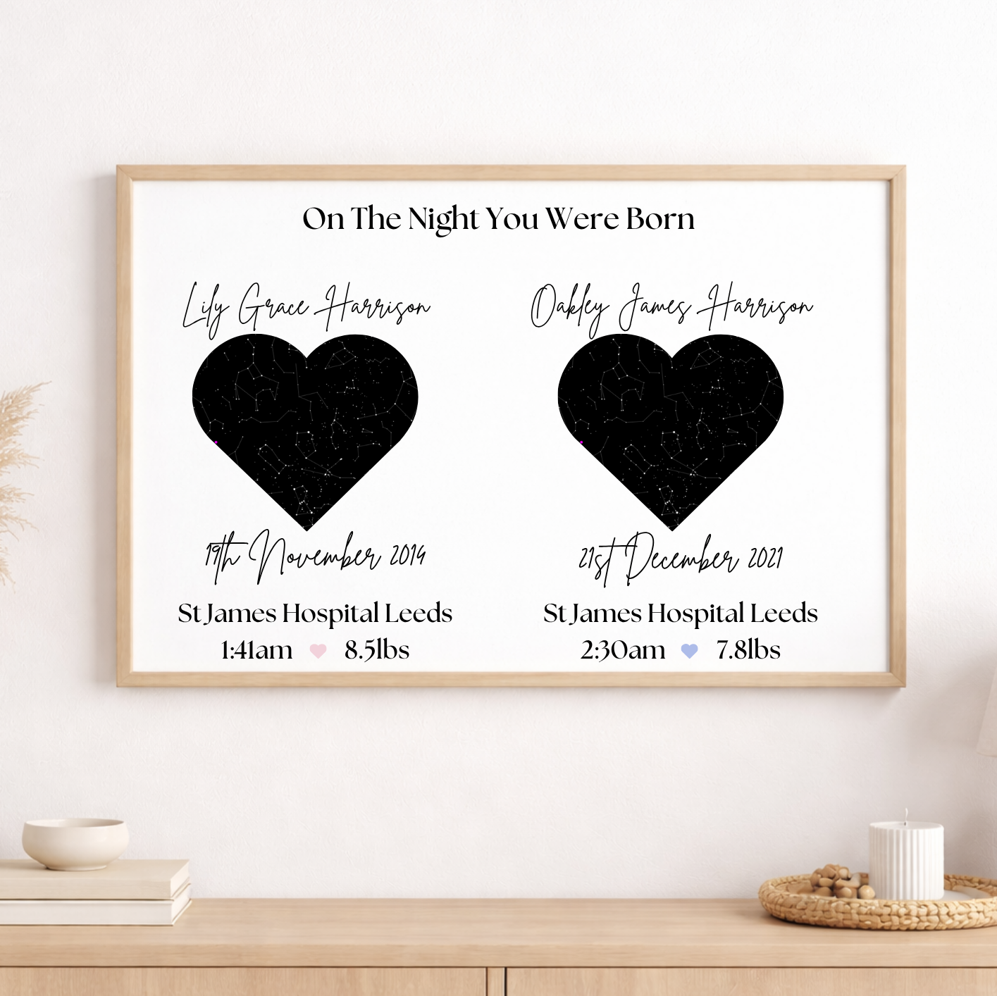 Framed artwork with heart designs and text on a wall above a wooden shelf.