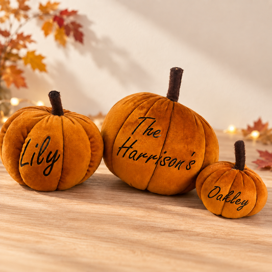 Personalised orange velvet pumpkins in three sizes with custom family names, styled in a warm autumn setting.