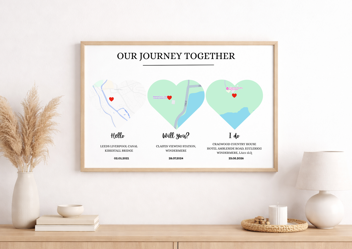 Framed artwork titled 'Our Journey Together' on a wooden surface with decorative items.