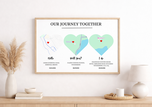 Framed artwork titled 'Our Journey Together' on a wooden surface with decorative items.