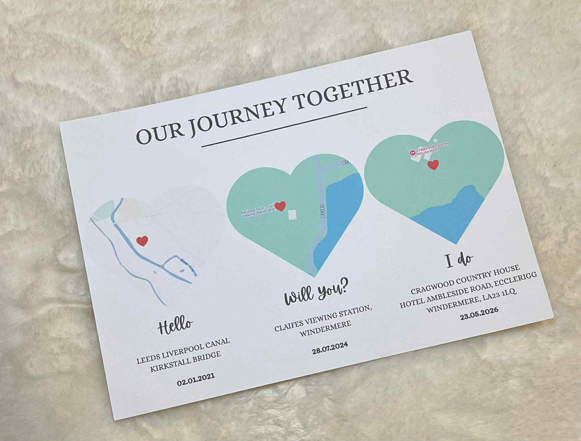 Personalised our journey together print with heart-shaped maps and text on a textured surface