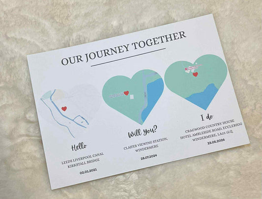 Personalised our journey together print with heart-shaped maps and text on a textured surface